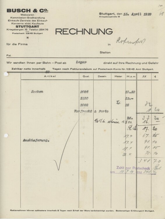 Firma M. Winzrieth (Kaufhaus)an Busch & Co- Rechnung - 15.04.1929