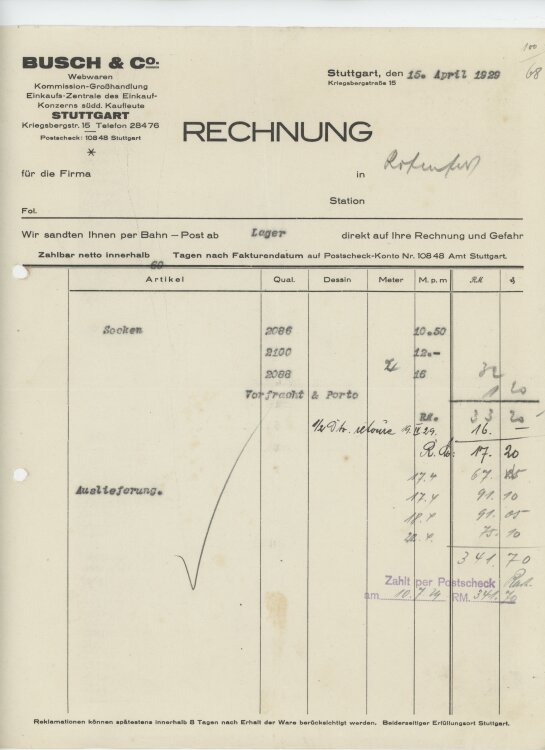 Firma M. Winzrieth (Kaufhaus)an Busch & Co- Rechnung - 15.04.1929