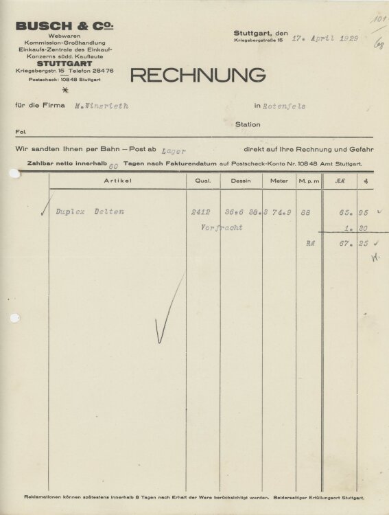 Firma M. Winzrieth (Kaufhaus)an Busch & Co- Rechnung - 17.04.1929