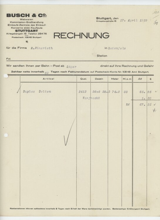 Firma M. Winzrieth (Kaufhaus)an Busch & Co- Rechnung...