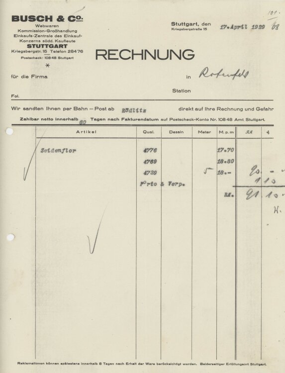 Firma M. Winzrieth (Kaufhaus)an Busch & Co- Rechnung...