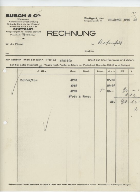 Firma M. Winzrieth (Kaufhaus)an Busch & Co- Rechnung...