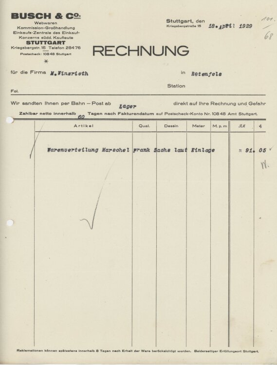 Firma M. Winzrieth (Kaufhaus)an Busch & Co- Rechnung...