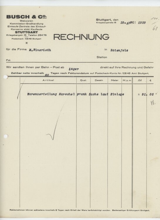 Firma M. Winzrieth (Kaufhaus)an Busch & Co- Rechnung...