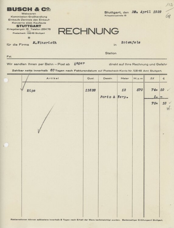 Firma M. Winzrieth (Kaufhaus)an Busch & Co- Rechnung - 20.04.1929