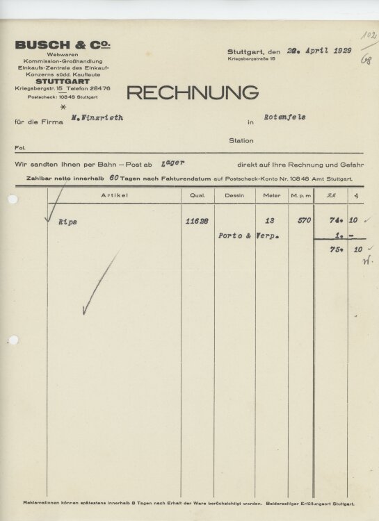 Firma M. Winzrieth (Kaufhaus)an Busch & Co- Rechnung...