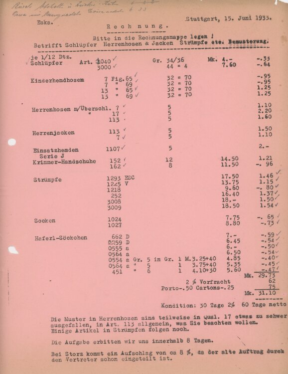 Firma M. Winzrieth (Kaufhaus)an Busch & Co- Rechnung...