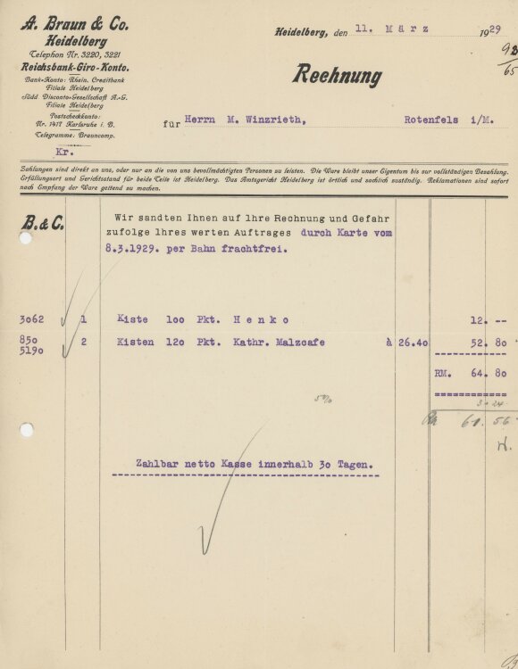 Firma M. Winzrieth (Kaufhaus)an A. Braun & Co.- Rechnung - 11.03.1929