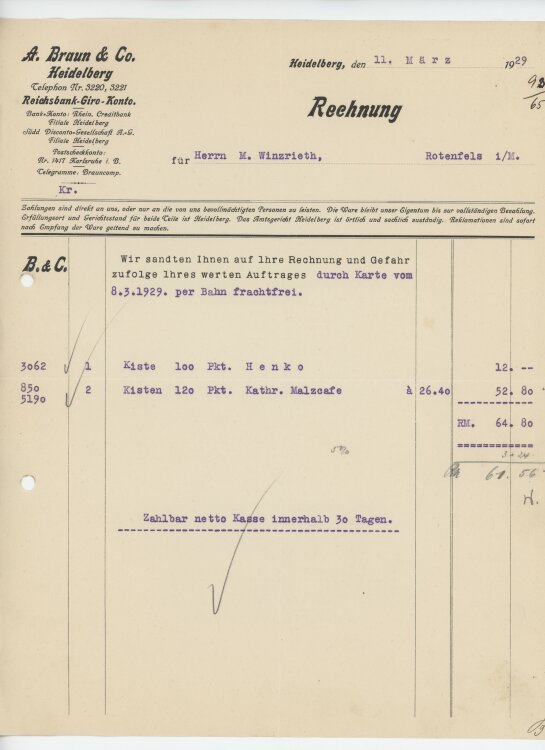 Firma M. Winzrieth (Kaufhaus)an A. Braun & Co.- Rechnung - 11.03.1929