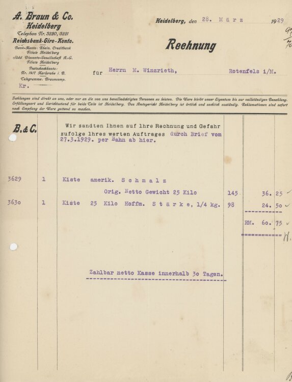 Firma M. Winzrieth (Kaufhaus)an A. Braun & Co.- Rechnung - 28.03.1929