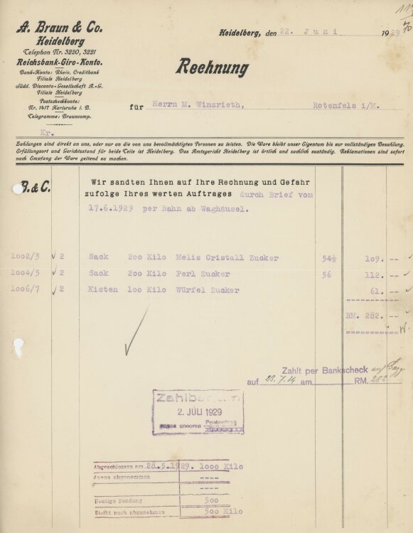 Firma M. Winzrieth (Kaufhaus)an A. Braun & Co.- Rechnung - 22.06.1929