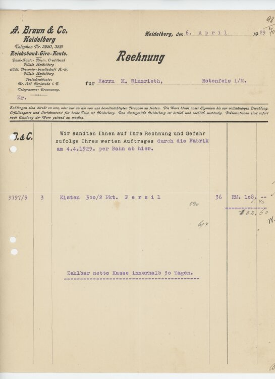 Firma M. Winzrieth (Kaufhaus)an A. Braun & Co.- Rechnung - 06.04.1929