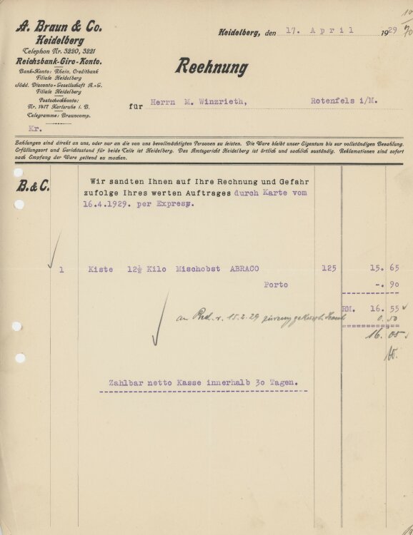 Firma M. Winzrieth (Kaufhaus)an A. Braun & Co.- Rechnung - 17.04.1929