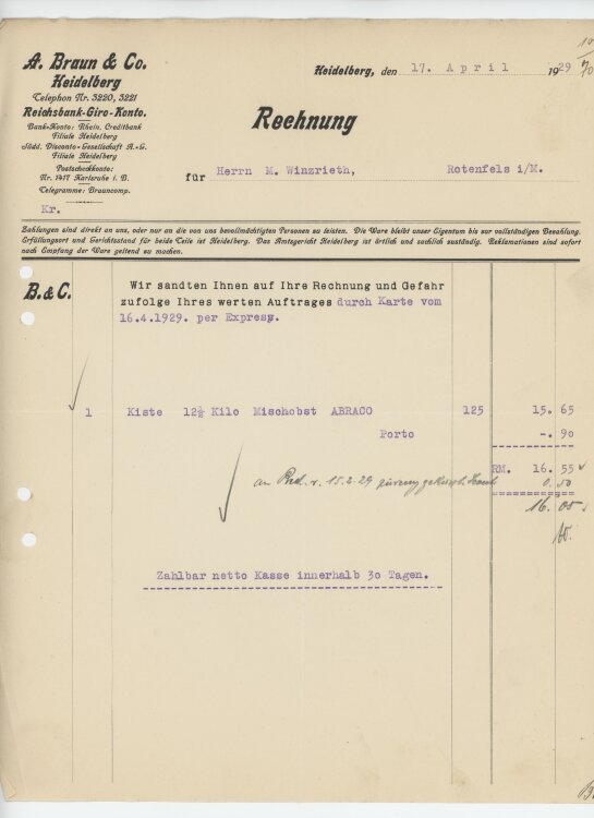 Firma M. Winzrieth (Kaufhaus)an A. Braun & Co.- Rechnung - 17.04.1929