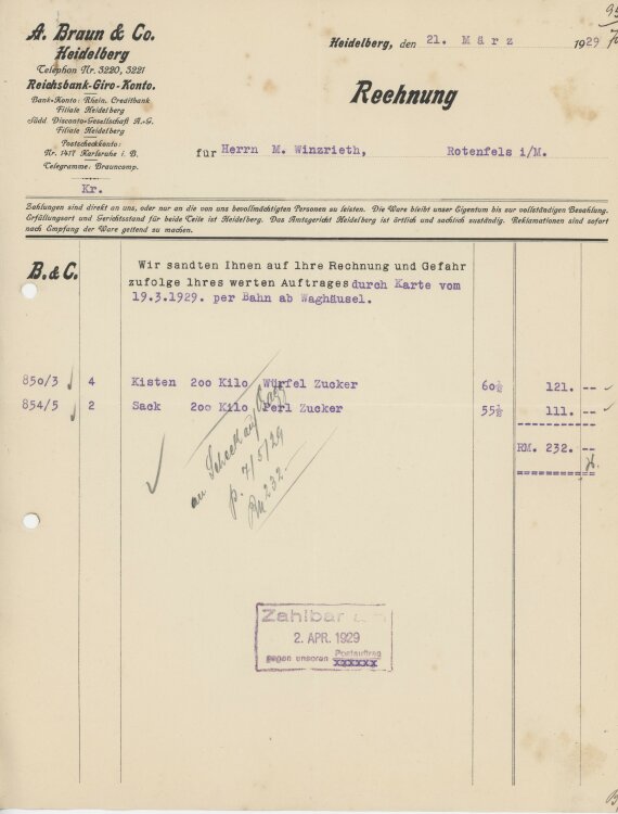 Firma M. Winzrieth (Kaufhaus)an A. Braun & Co.- Rechnung - 21.03.1929