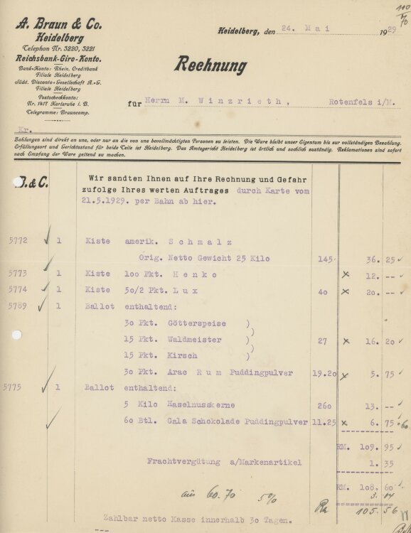 Firma M. Winzrieth (Kaufhaus)an A. Braun & Co.- Rechnung - 24.05.1929