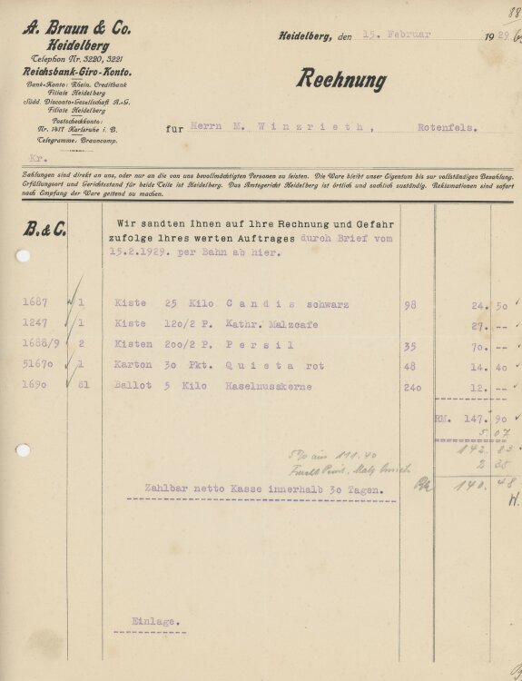 Firma M. Winzrieth (Kaufhaus)an A. Braun & Co.- Rechnung - 15.02.1929