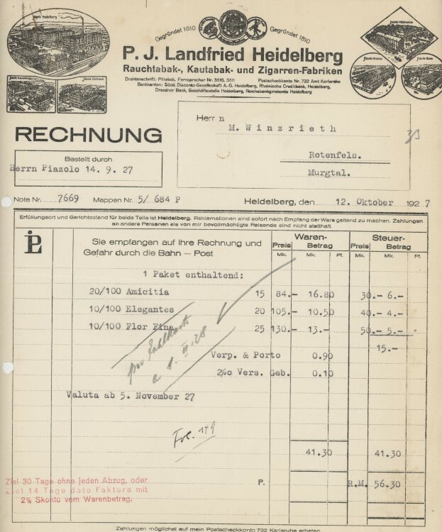 Firma M. Winzrieth (Kaufhaus)an P. J. Landfried- Rechnung...