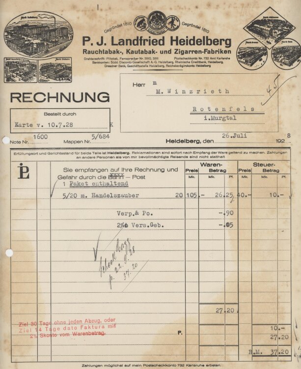 Firma M. Winzrieth (Kaufhaus)an P. J. Landfried- Rechnung...