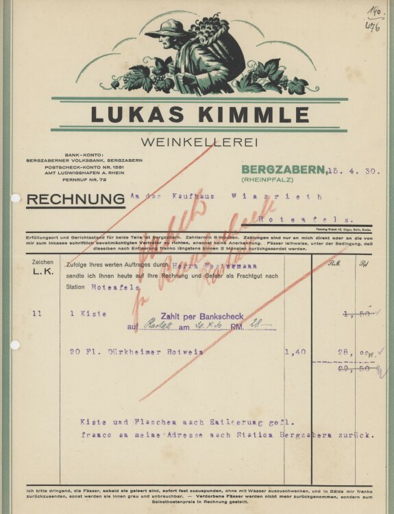 Firma M. Winzrieth (Kaufhaus)an Lukas Kimmle- Rechnung -...