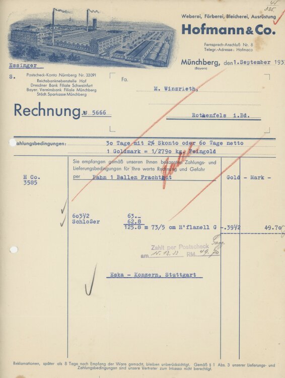 Firma M. Winzrieth (Kaufhaus)an Hofmann & Co.- Rechnung - 01.09.1933