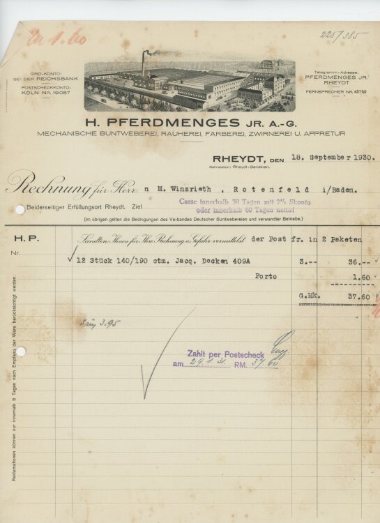 Firma M. Winzrieth (Kaufhaus)an H. Pferdmenges- Rechnung - 18.09.1930