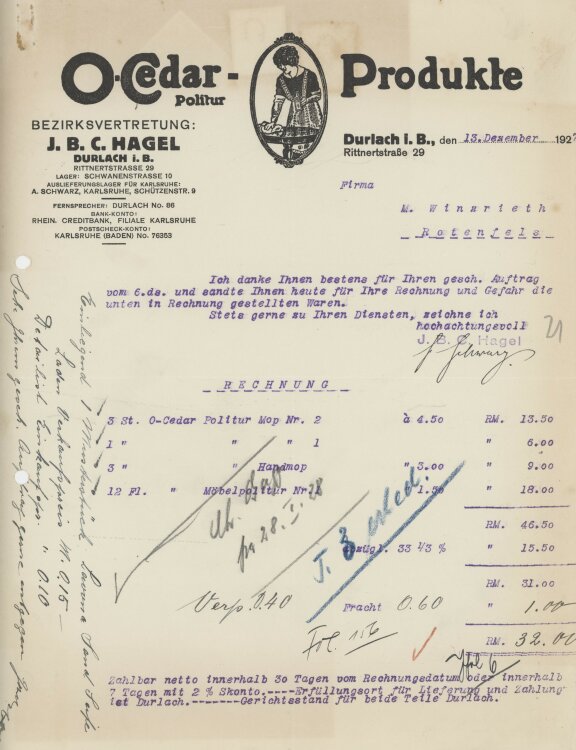 Firma M. Winzrieth (Kaufhaus)an J. B. C. Hagel O Cedar-Produkte- Rechnung - 13.12.1927