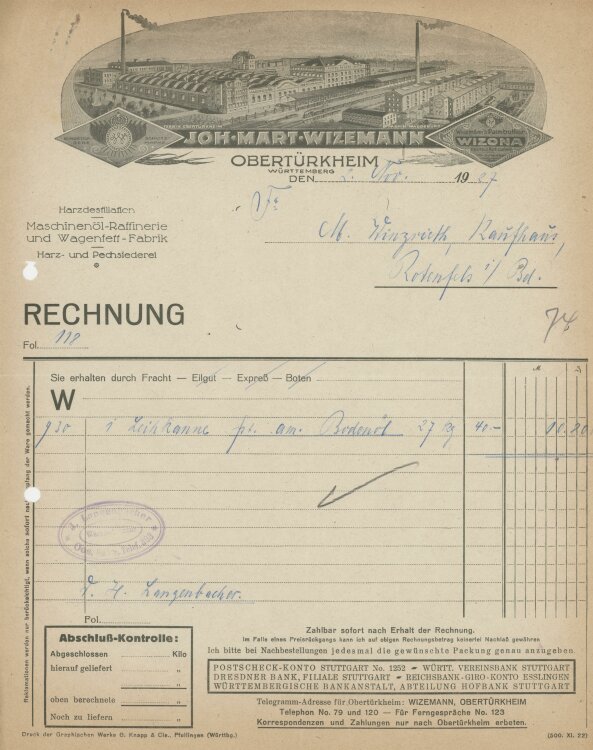 Firma M. Winzrieth (Kaufhaus)an Joh. Martin Wizemann...