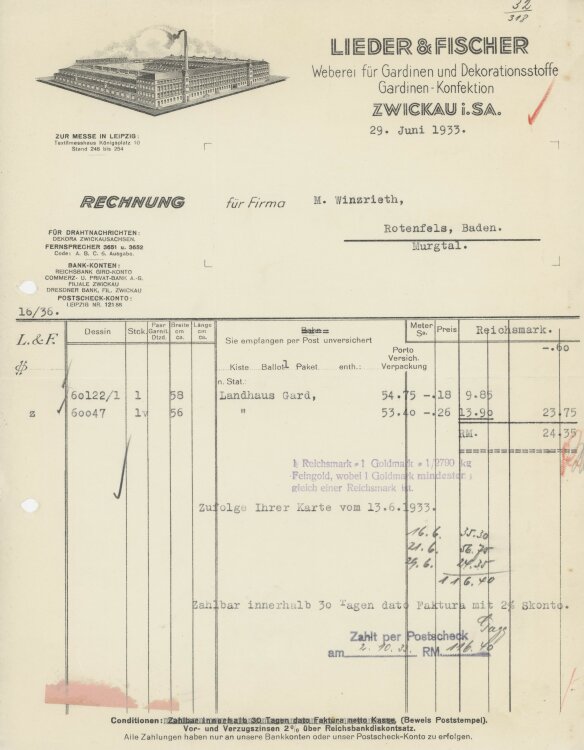 Firma M. Winzrieth (Kaufhaus)an Lieder & Fischer Weberei für Gardinen und Dekorationsstoffe- Rechnung - 29.06.1933