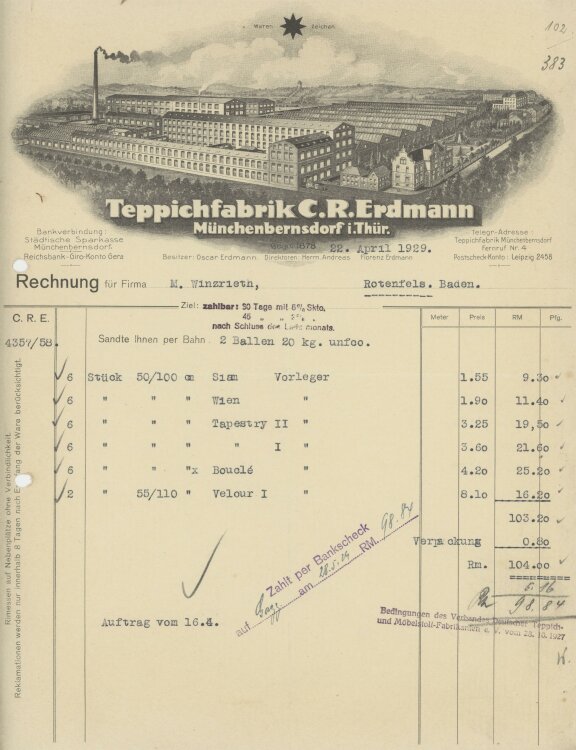 Firma M. Winzrieth (Kaufhaus)an Teppichfabrik C. R. Erdmann- Rechnung - 22.04.1929