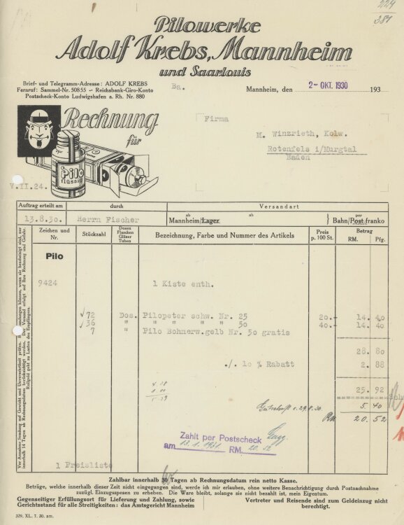 Firma M. Winzrieth (Kaufhaus)an Adolf Krebs- Rechnung - 02.10.1930