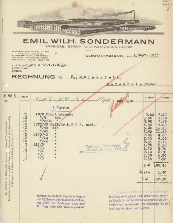 Firma M. Winzrieth (Kaufhaus)an Emil Wilh. Sondermann-...