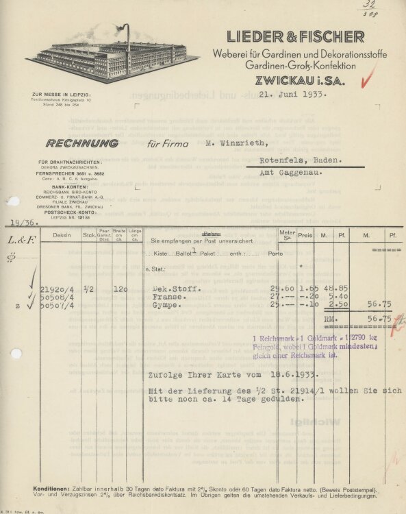 Firma M. Winzrieth (Kaufhaus)an Lieder & Fischer Weberei für Gardinen und Dekorationsstoffe- Rechnung - 21.06.1933