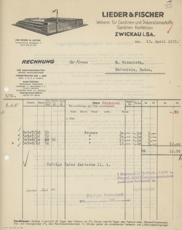 Firma M. Winzrieth (Kaufhaus)an Lieder & Fischer Weberei für Gardinen und Dekorationsstoffe- Rechnung - 13.04.1933