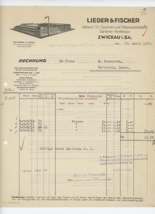 Firma M. Winzrieth (Kaufhaus)an Lieder & Fischer Weberei für Gardinen und Dekorationsstoffe- Rechnung - 13.04.1933