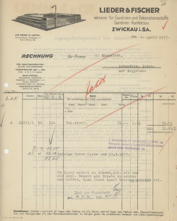 Firma M. Winzrieth (Kaufhaus)an Lieder & Fischer Weberei für Gardinen und Dekorationsstoffe- Rechnung - 07.04.1933