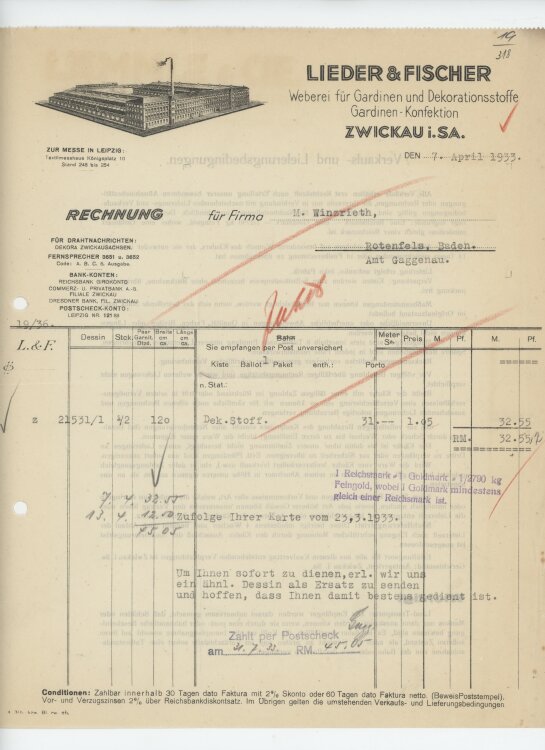 Firma M. Winzrieth (Kaufhaus)an Lieder & Fischer Weberei für Gardinen und Dekorationsstoffe- Rechnung - 07.04.1933