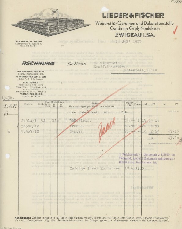 Firma M. Winzrieth (Kaufhaus)an Lieder & Fischer Weberei für Gardinen und Dekorationsstoffe- Rechnung - 05.07.1933