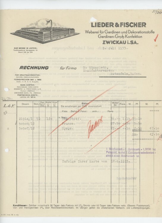 Firma M. Winzrieth (Kaufhaus)an Lieder & Fischer Weberei für Gardinen und Dekorationsstoffe- Rechnung - 05.07.1933