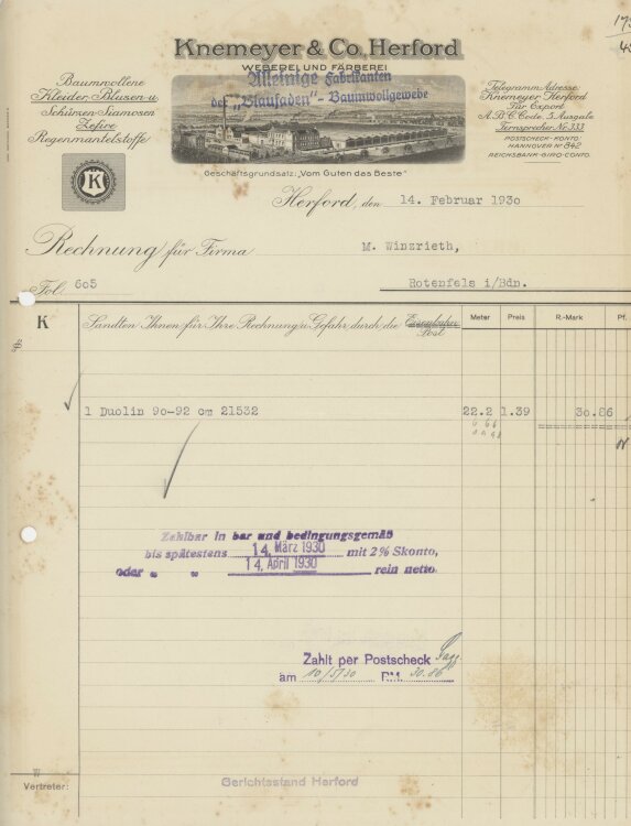 Firma M. Winzrieth (Kaufhaus)an Knemeyer & Co, Weberei und Fäberei- Rechnung - 14.02.1930