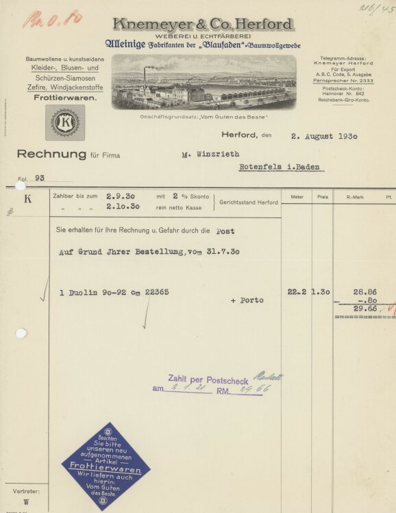 Firma M. Winzrieth (Kaufhaus)an Knemeyer & Co, Weberei und Fäberei- Rechnung - 02.08.1930