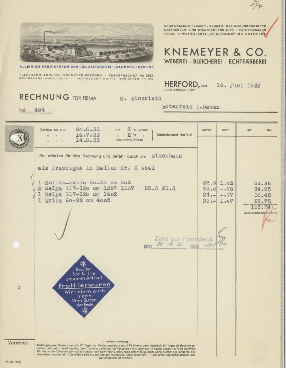 Firma M. Winzrieth (Kaufhaus)an Knemeyer & Co, Weberei und Fäberei- Rechnung - 14.06.1933