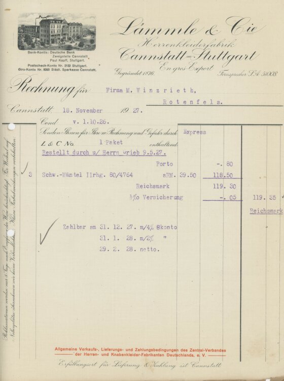 Firma M. Winzrieth (Kaufhaus)an Lämmle & Cie, Herrenkleiderfabrik- Rechnung - 18.11.1927