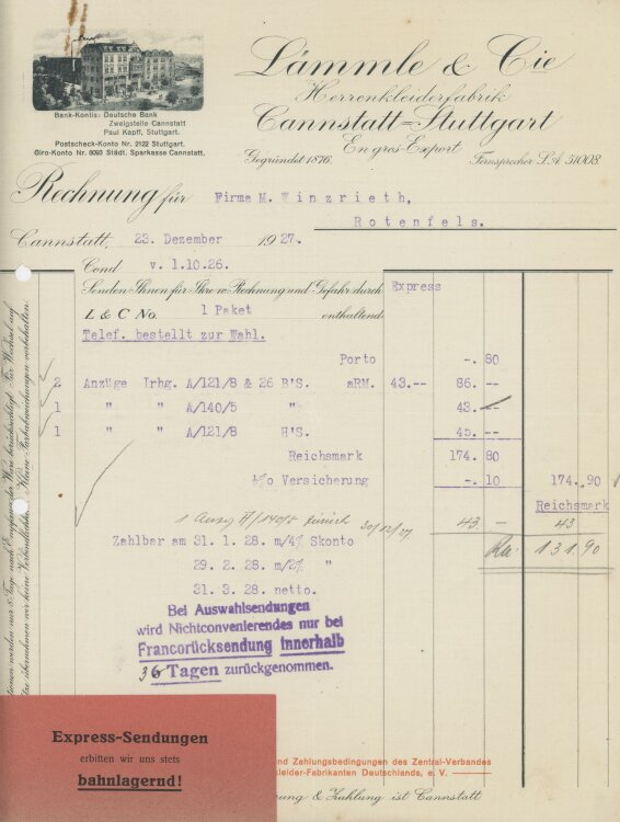 Firma M. Winzrieth (Kaufhaus)an Lämmle & Cie, Herrenkleiderfabrik- Rechnung - 23.12.1927