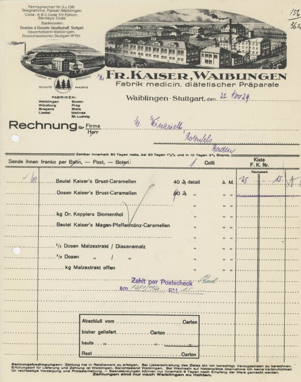 Firma M. Winzrieth (Kaufhaus)an Fr. Kaiser, Fabrik medicinischer Präparate- Rechnung - 22.11.1929