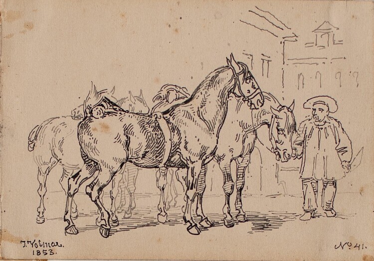 Joseph Simon Volmar - Pferde - Tuschezeichnung - 1853