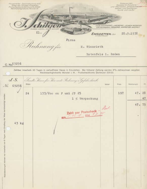 Firma M. Winzrieth (Kaufhaus)an J. Schilgen- Rechnung - 28.09.1938