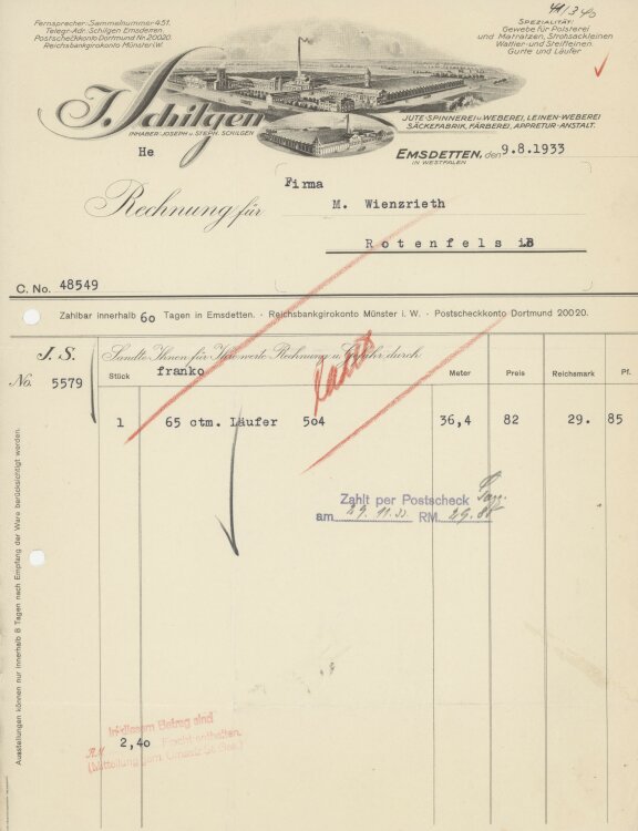 Firma M. Winzrieth (Kaufhaus)an J. Schilgen- Rechnung -...