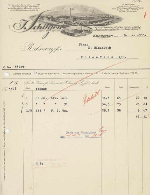 Firma M. Winzrieth (Kaufhaus)an J. Schilgen- Rechnung - 08.07.1933