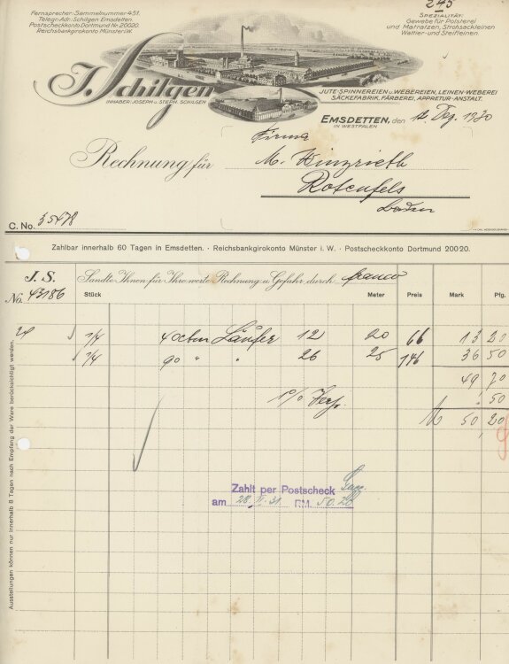 Firma M. Winzrieth (Kaufhaus)an J. Schilgen- Rechnung - 12.12.1930